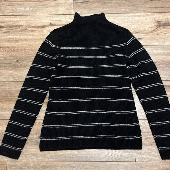 Magaschoni Cashmere Sweater SZ Medium Rib Knit Black White Stripe Mock Neck - Picture 11 of 11